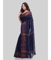 DESH BIDESH Women`s Bengal Cotton Silk Pure Handloom Cotton Saree Kohinoor Work With Blouse Piece(Dark Blue)